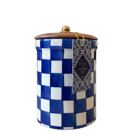 Hand Painted Checkered Ceramic Canister w/ Wood Lid Made in India Blue White NEW - Picture 2 of 16